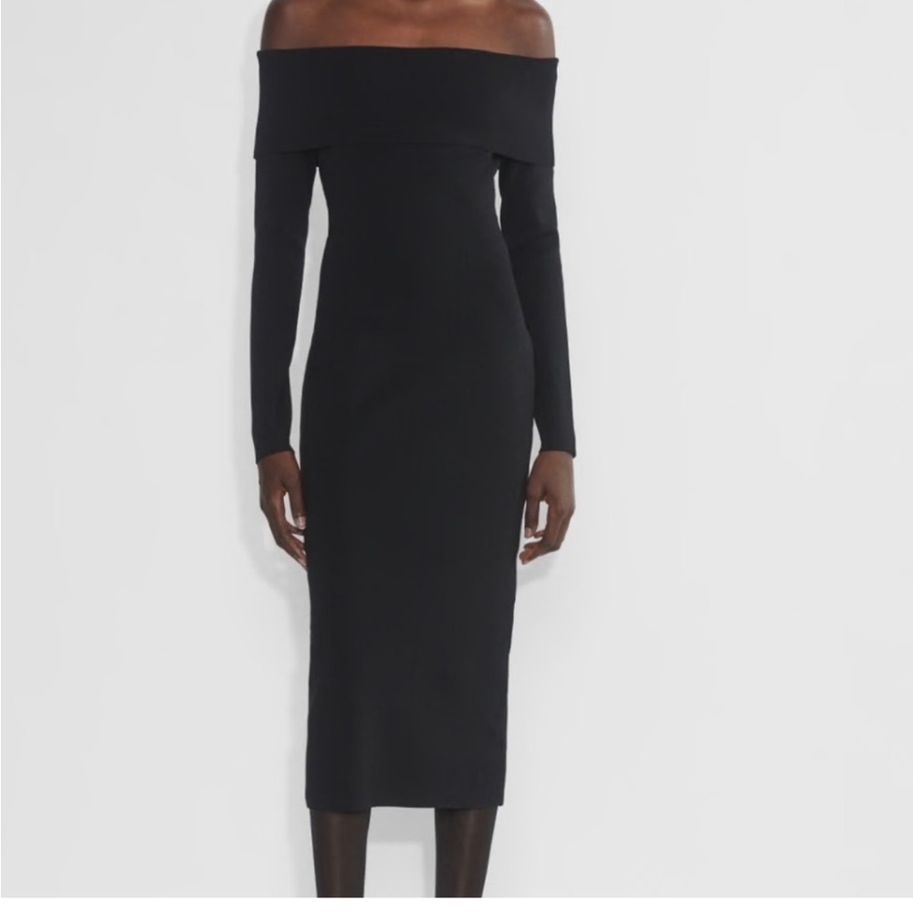 NWT Aritzia Babaton Sculpt Knit Off-Shoulder Long Sleeve Black Midi Dress Small